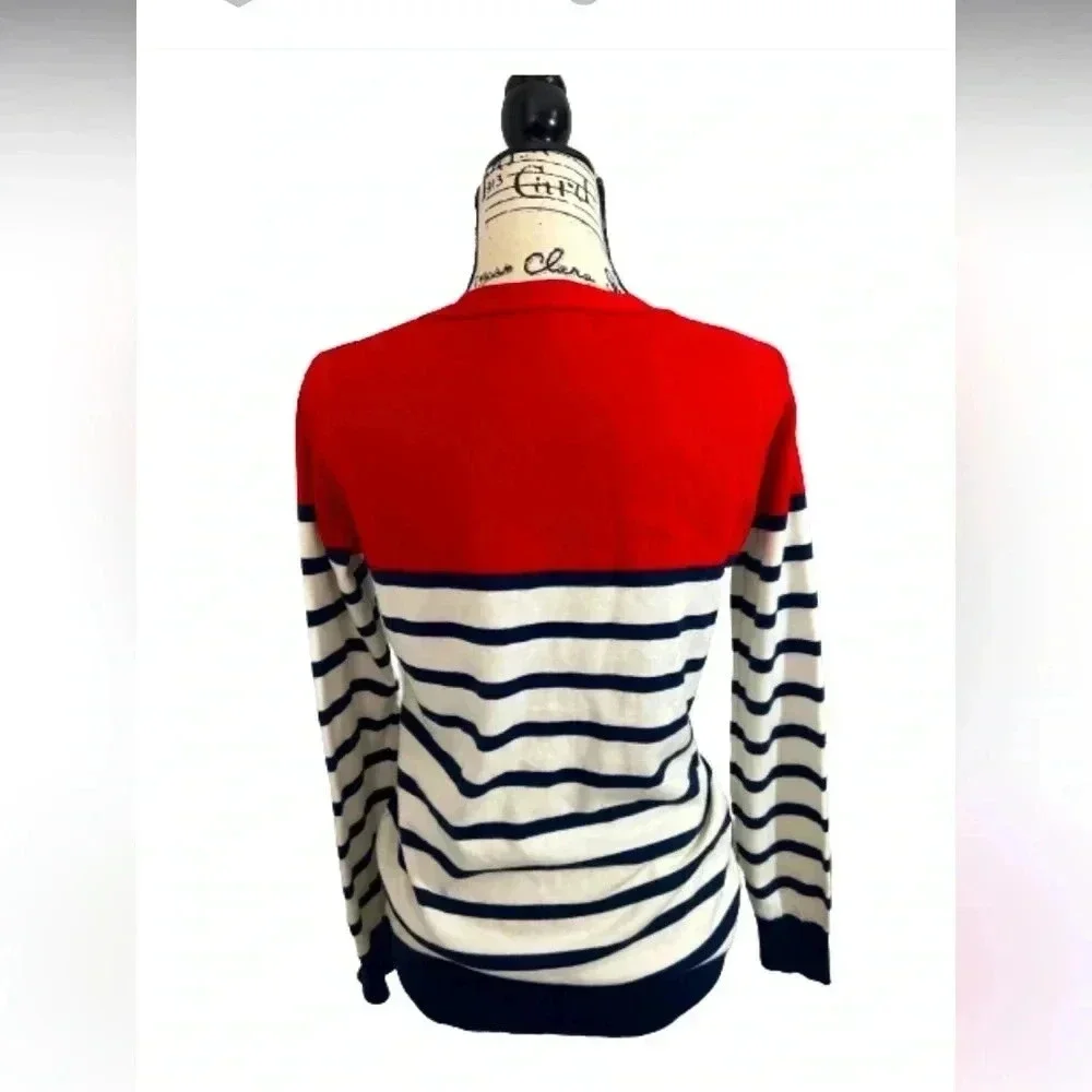 FOREVER 21 CARDIGAN SWEATER RED WJITE BLUE‎ STRIPED BUTTON UP SIZE MEDIUM